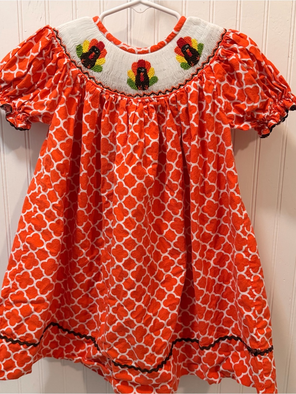 Girls Orange Smocked Turkey Embroidered Dress